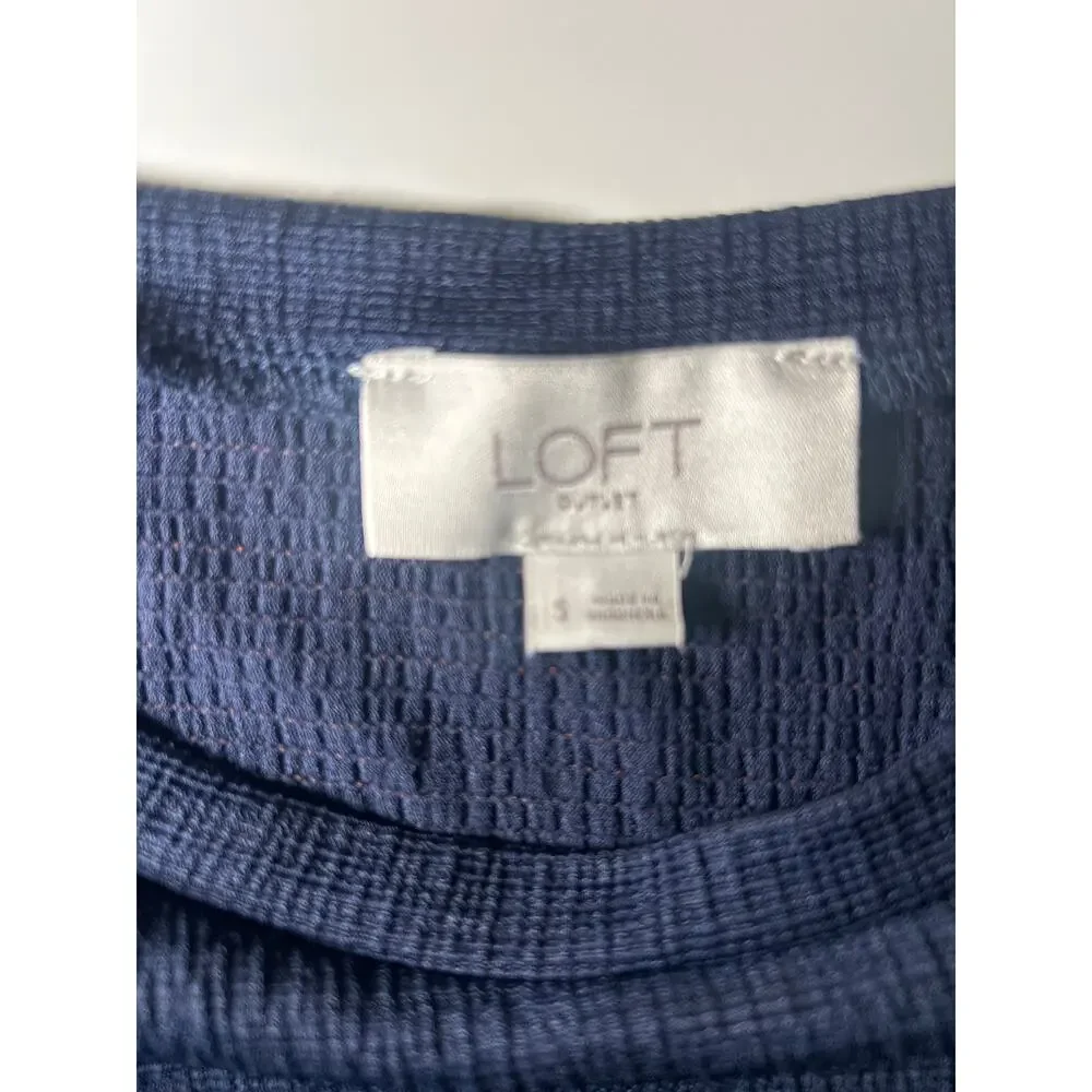 LOFT Women’s Navy Blue Puff Sleeve Top Short Sleeve Crew Neck Blouse